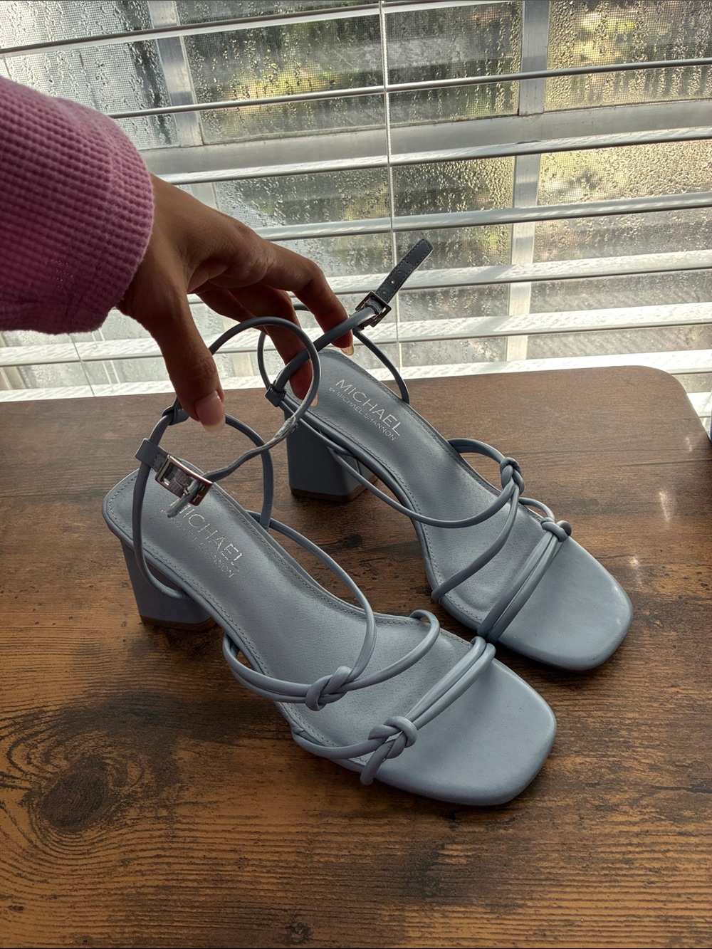 Michael Kors Powder Blue Knotted Strap Block Heel Sandals